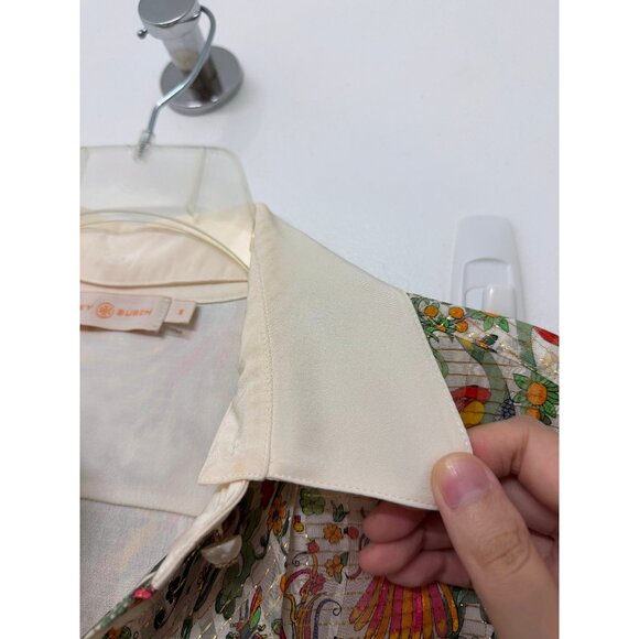 Tory Burch Promised Land Bird Peacock Floral Print Mini Dress Metallic Silk 8 - Picture 7 of 16